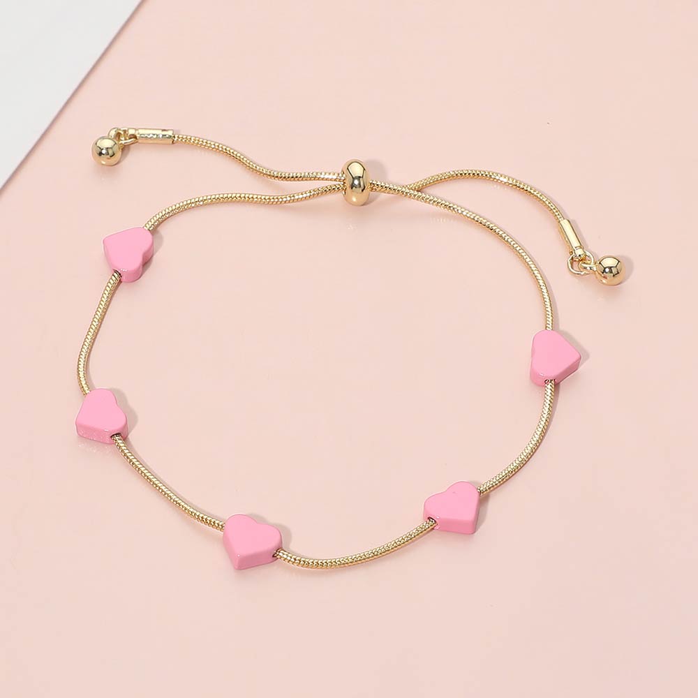 Madeline Love Gold, Pink Flat Heart Charm Station Adjustable Cinch Pull Tie Bracelet - Bracelets