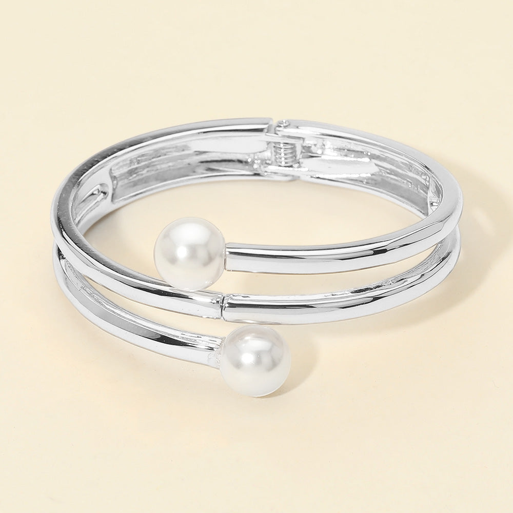 Madeline Love Rhodium Pearl Tip Double Band Hinged Bangle Bracelet