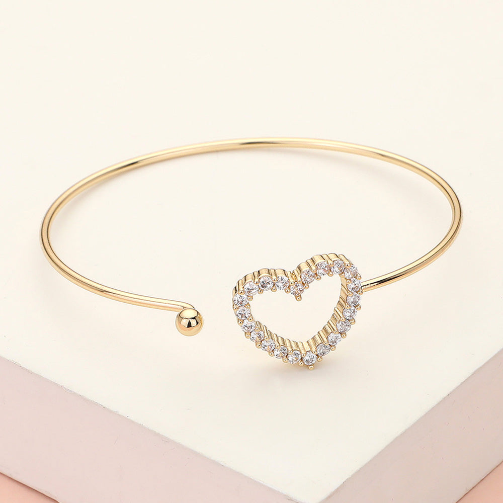 CZ Stone Paved Open Heart Accented Bangle Bracelet