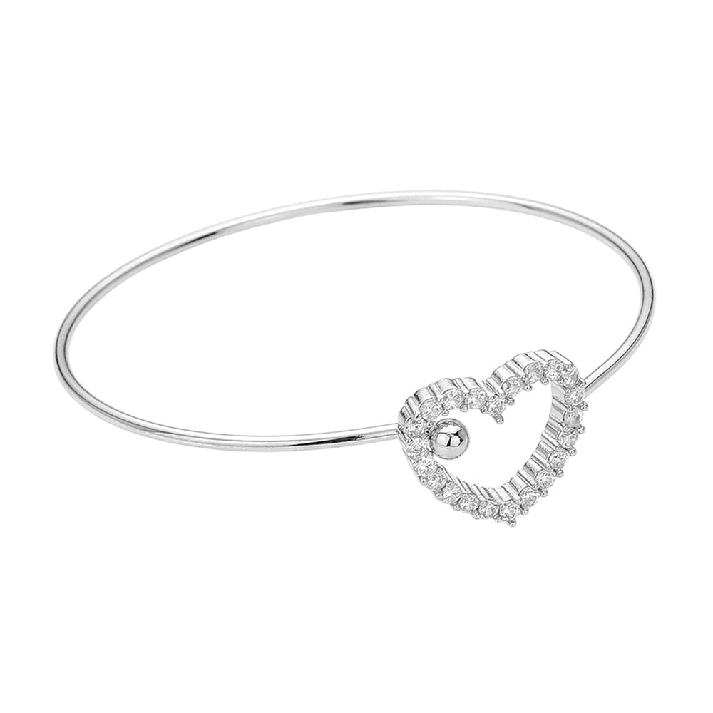 CZ Stone Paved Open Heart Accented Bangle Bracelet