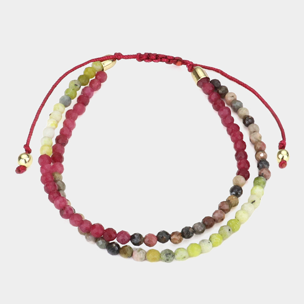 Madeline Love Wine Two Layer Semi Precious Stone Bead Adjustable Cinch Pull Tie Bracelet - Bracelets