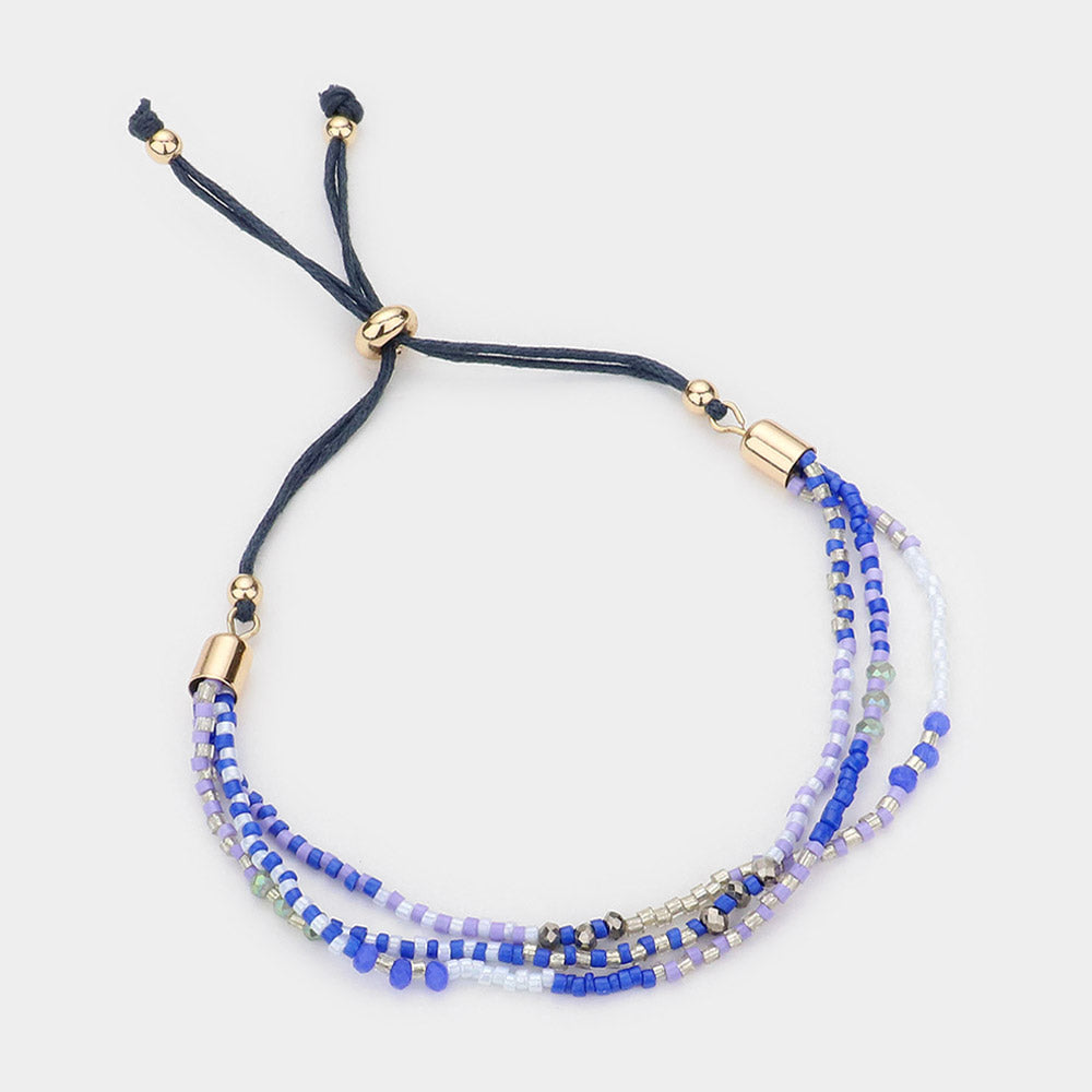 Madeline Love Blue Triple Layered Beaded Adjustable Pull Tie Bracelet - Bracelets