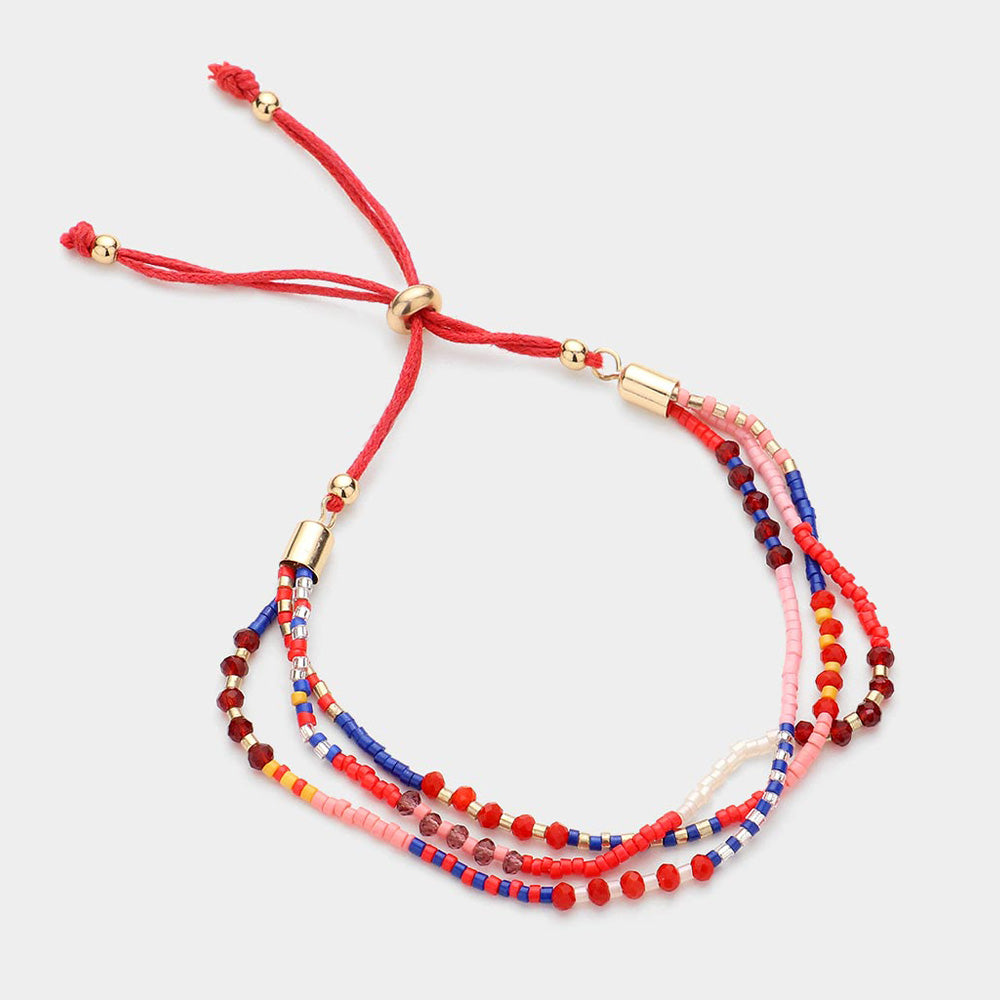 Madeline Love Red Triple Layered Beaded Adjustable Pull Tie Bracelet - Bracelets