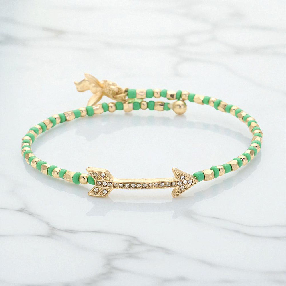 Madeline Love Gold, Green Stone Paved Arrow Pointed Cupid Charm Beaded Adjustable Bracelet - Bracelets