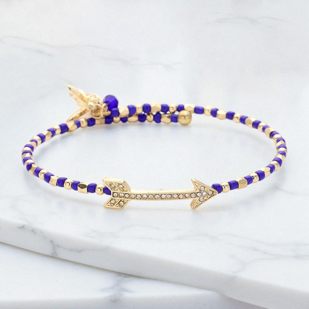 Madeline Love Gold, Sapphire Stone Paved Arrow Pointed Cupid Charm Beaded Adjustable Bracelet - Bracelets