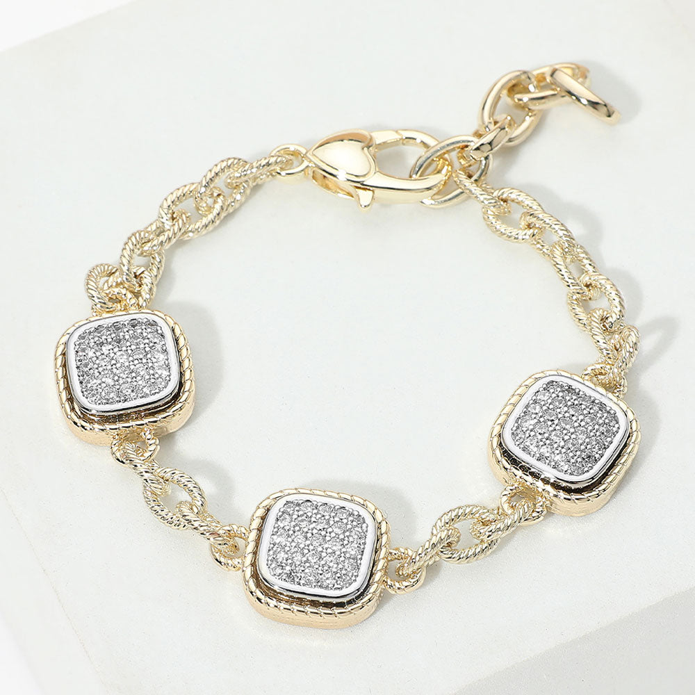 Madeline Love Two Tone 14K Gold Plated Two Tone CZ Pave Square Charm Link Bracelet