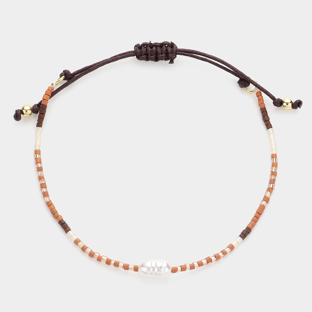Madeline Love Beige Pearl Accented Beaded Cinch Pull Tie Bracelet - Bracelets