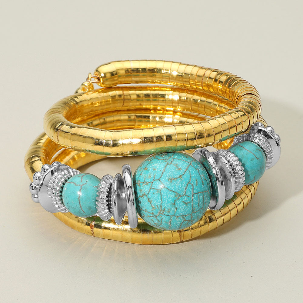Madeline Love Gold, Turquoise Chunky Beads Accent Adjustable Coil Wrapped Bracelet - Bracelets
