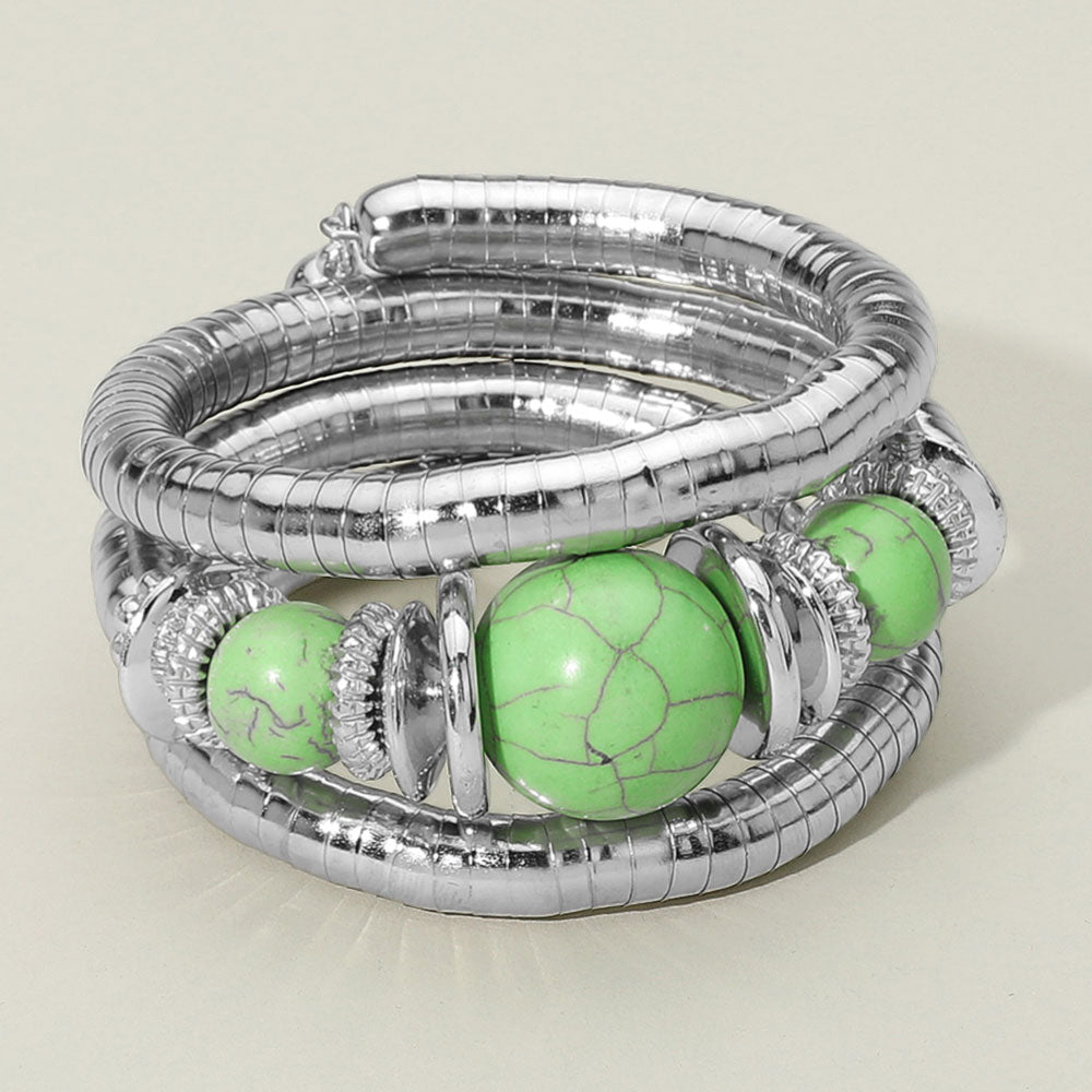 Madeline Love Green, Rhodium Chunky Beads Accent Adjustable Coil Wrapped Bracelet - Bracelets