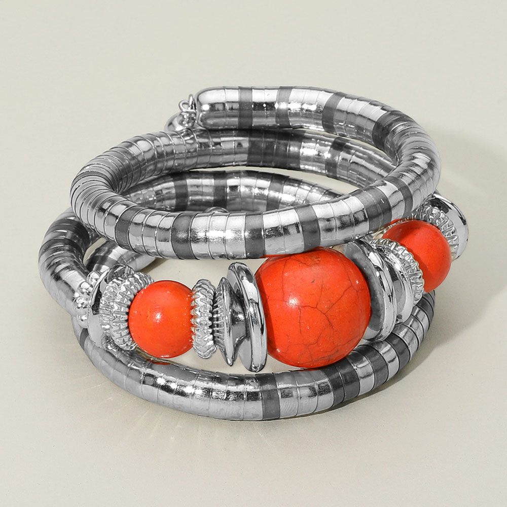 Madeline Love Orange, Red Chunky Beads Accent Adjustable Coil Wrapped Bracelet - Bracelets
