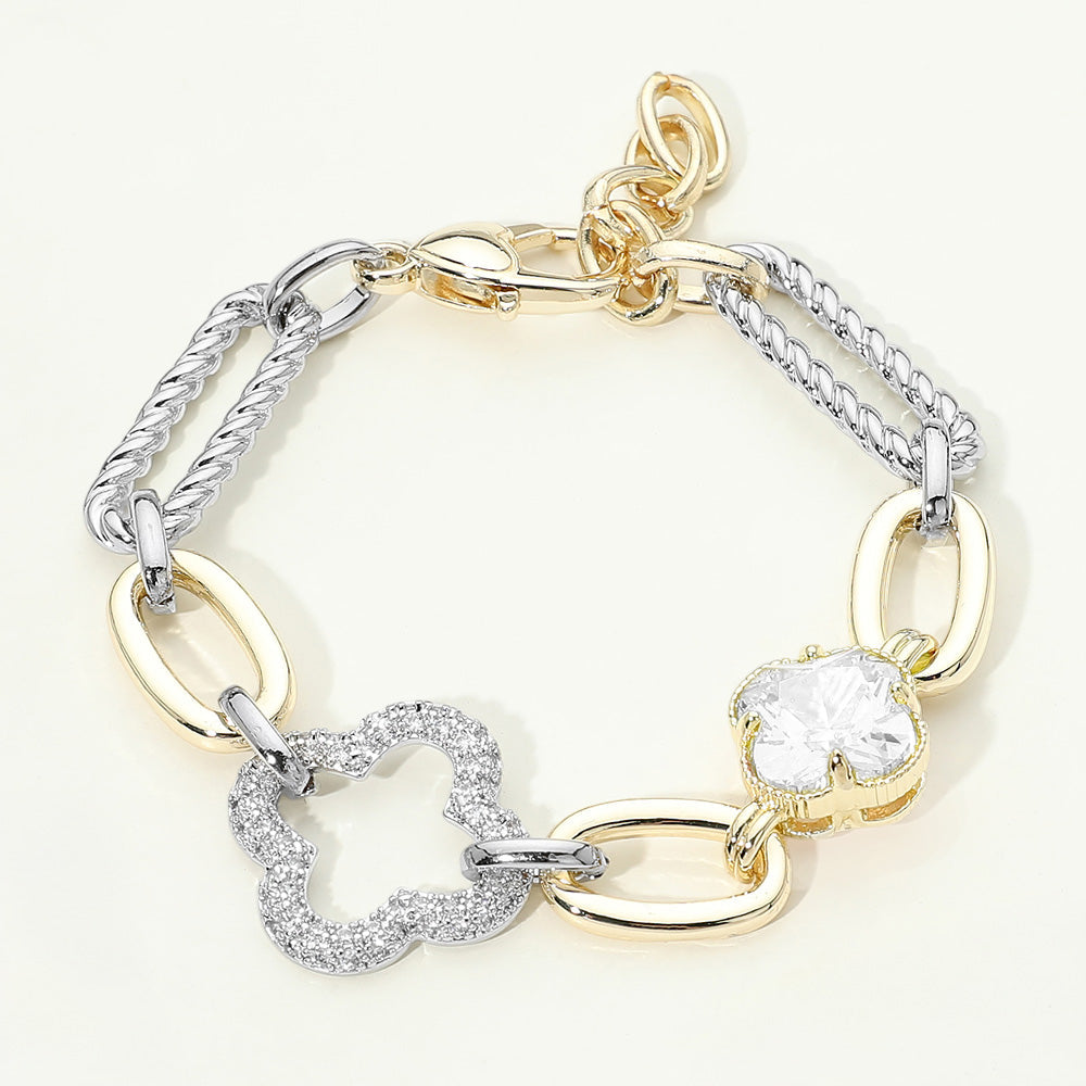 Madeline Love Clear, Gold 14K Gold Plated CZ Stone Double Clover Accent Oval Link Chain Bracelet