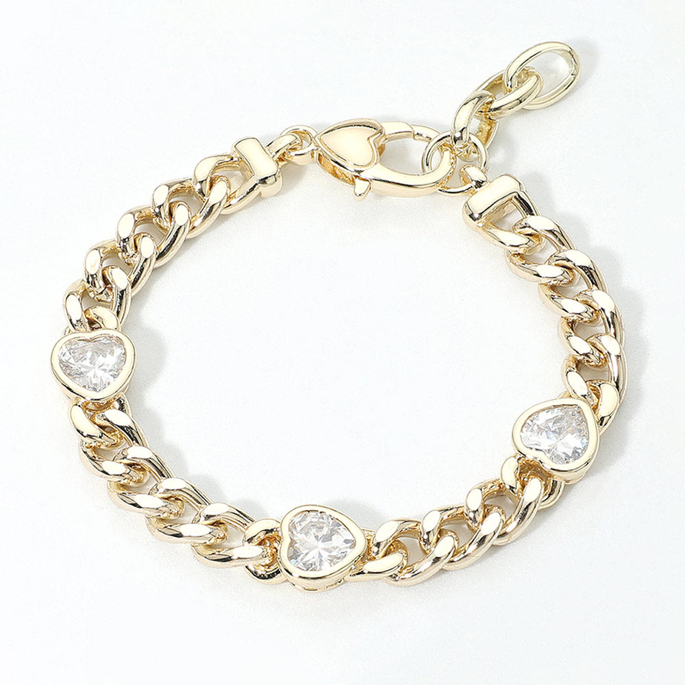 Madeline Love Gold 14K Gold Plated Heart CZ Bezel Station Chunky Curb Chain Bracelet