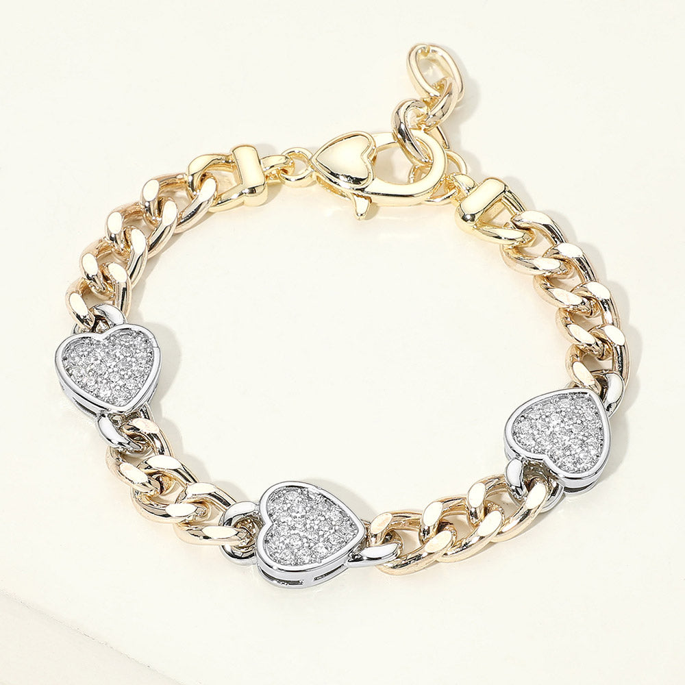 Madeline Love Two Tone 14K Gold Plated Heart CZ Pave Bezel Station Chunky Curb Chain Bracelet