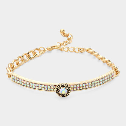 Madeline Love AB, Gold Round Stone Centered Rhinestone Embellished Bracelet - Bracelets