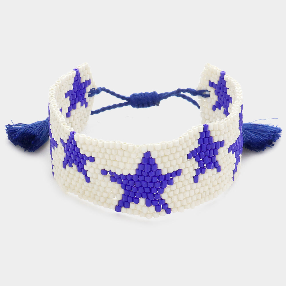 Madeline Love Ivory, Navy Beaded Star Tassel Cinch Pull Tie Bracelet - Bracelets