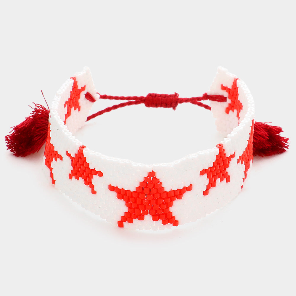 Madeline Love Red, White Beaded Star Tassel Cinch Pull Tie Bracelet - Bracelets