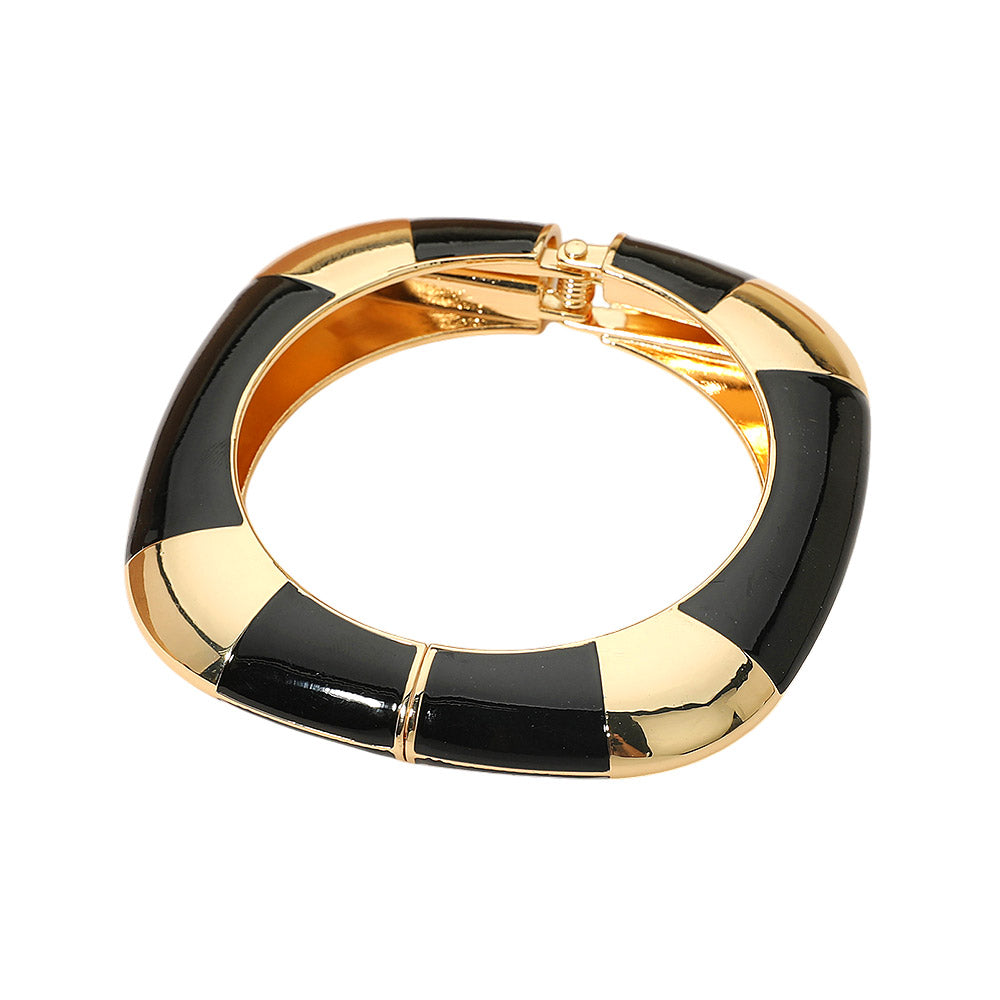 Madeline Love Black Bold Enamel Inlay Square Hinged Bangle Bracelet - Bracelets - desc