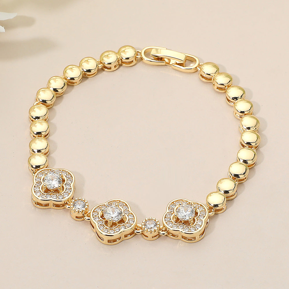 Madeline Love Gold Triple CZ Quatrefoil Charm Link Beaded Bracelet