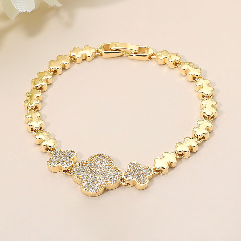 Madeline Love Gold Triple CZ Stone Paved Quatrefoil Link Beaded Bracelet - Earrings