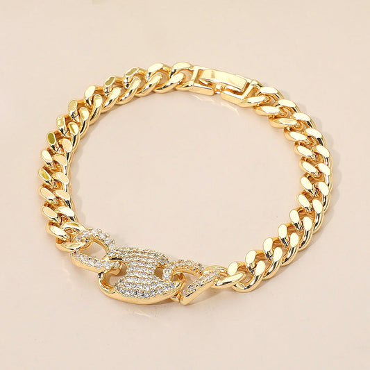 Madeline Love Gold CZ Stone Paved Mariner Link Charm Accent Cuban Link Chain Bracelet - Bracelets