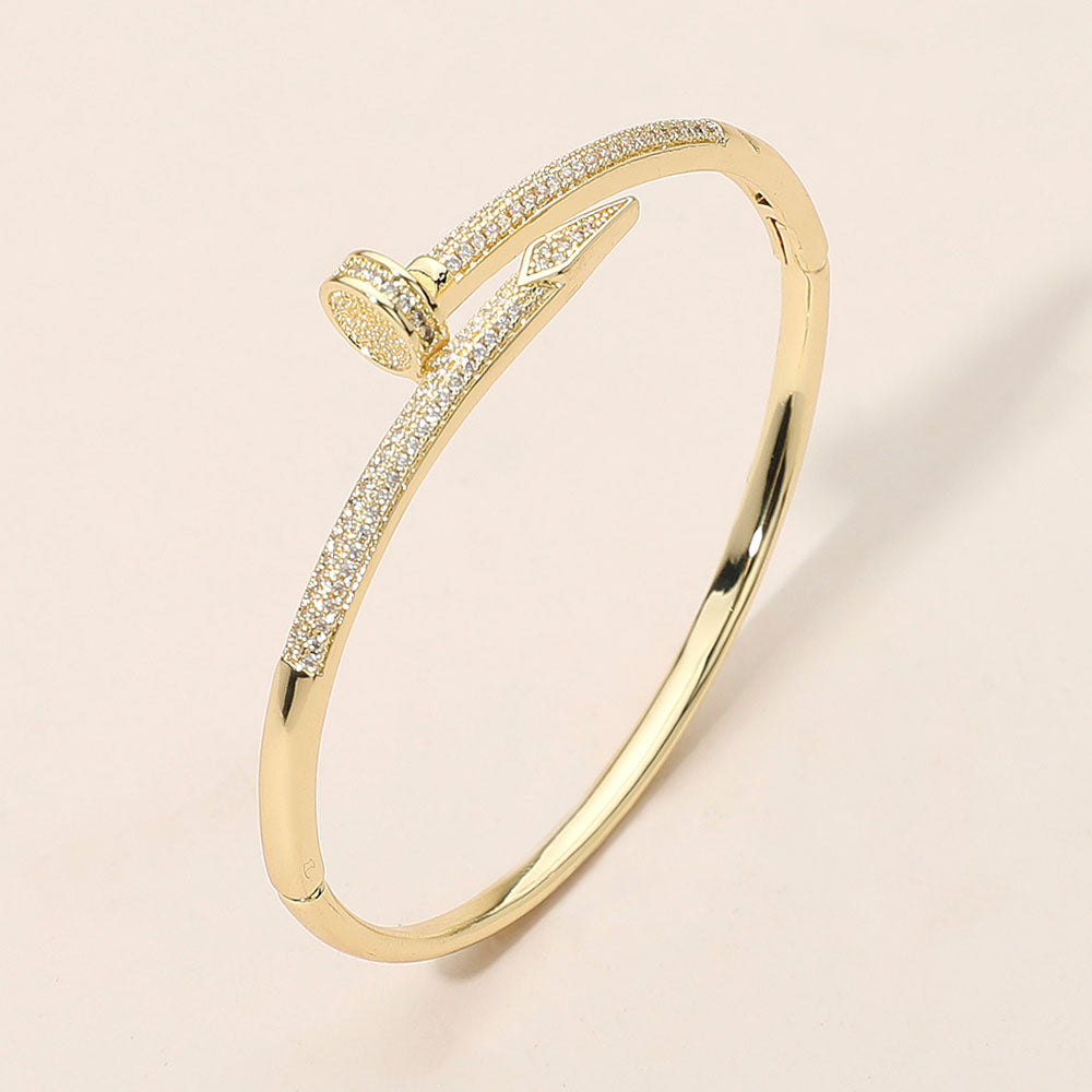Madeline Love Gold CZ Stone Paved Nailhead Accent Hinged Bangle Bracelet - Bracelets