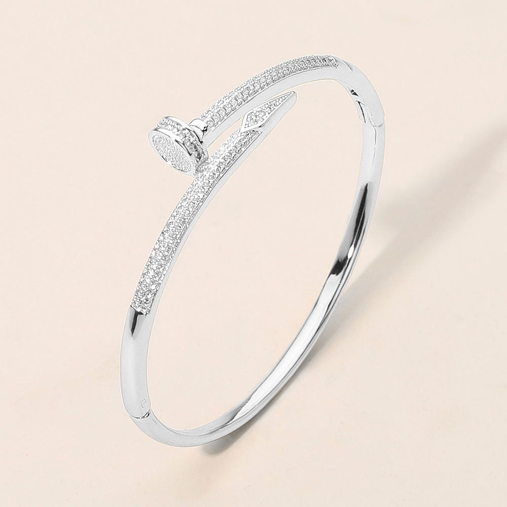 Madeline Love Rhodium CZ Stone Paved Nailhead Accent Hinged Bangle Bracelet - Bracelets