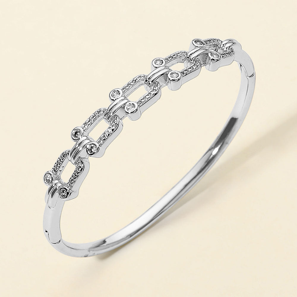 Madeline Love Rhodium Stainless Steel CZ Pave Industrial Chain Link Hinged Bangle Bracelet