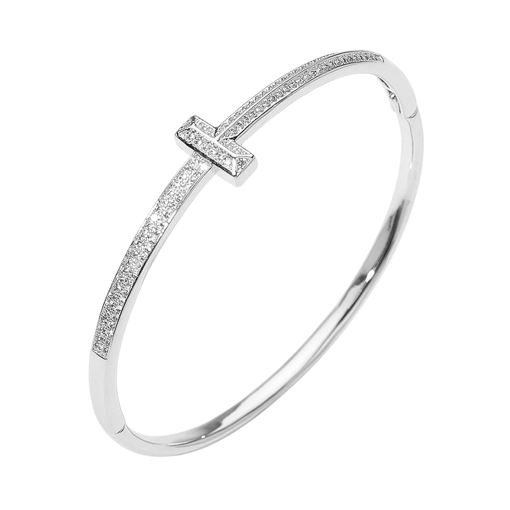 Madeline Love Rhodium Silver Plated CZ Stone Paved T-bar Hinged Bangle Bracelet - Bracelets - desc