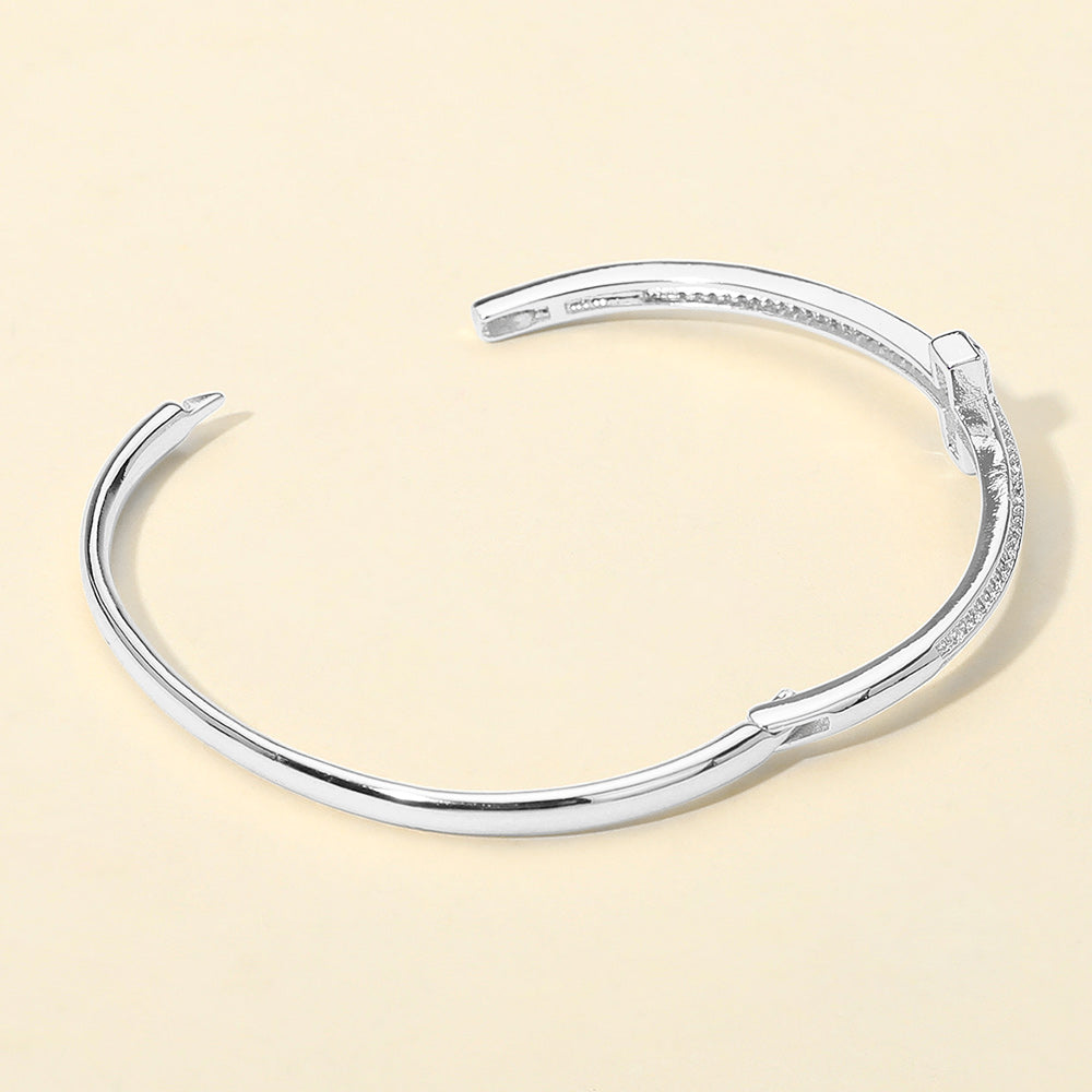 Madeline Love Rhodium Silver Plated CZ Stone Paved T-bar Hinged Bangle Bracelet - Bracelets - extra