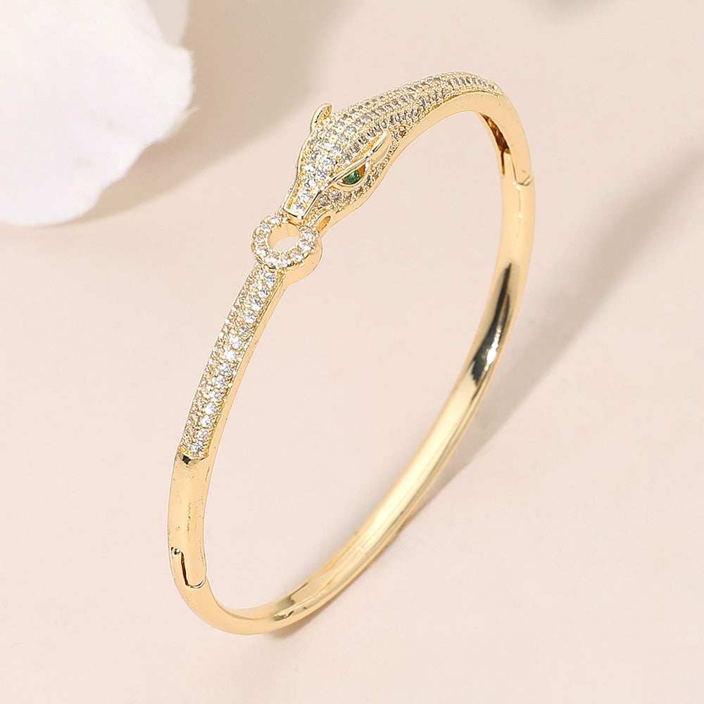 Madeline Love Gold CZ Stone Paved Panther Leopard Head Accent Hinged Bangle Bracelet