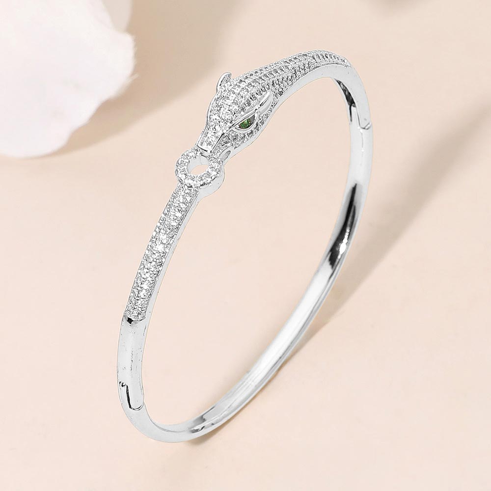 Madeline Love Rhodium CZ Stone Paved Panther Leopard Head Accent Hinged Bangle Bracelet