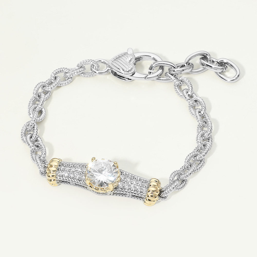 Madeline Love Two Tone 14K Gold Plated Two Tone Round CZ Stone Center Bar Accent Chain Bracelet