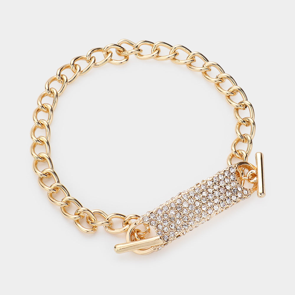 Madeline Love Gold Stone Paved Rectangle Bar Chain Toggle Bracelet