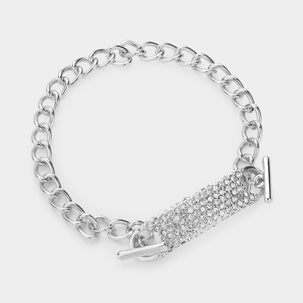 Madeline Love Silver Stone Paved Rectangle Bar Chain Toggle Bracelet