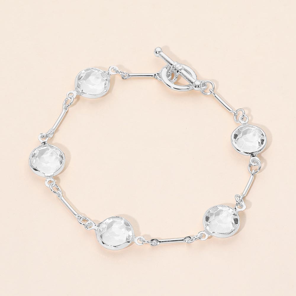 Madeline Love Clear, Rhodium Round Stone Link Toggle Bracelet