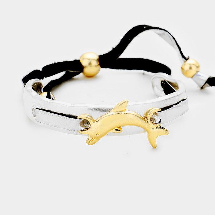 Worn Gold, Worn Silver Metal Dolphin Adjustable Pull Tie Bracelet