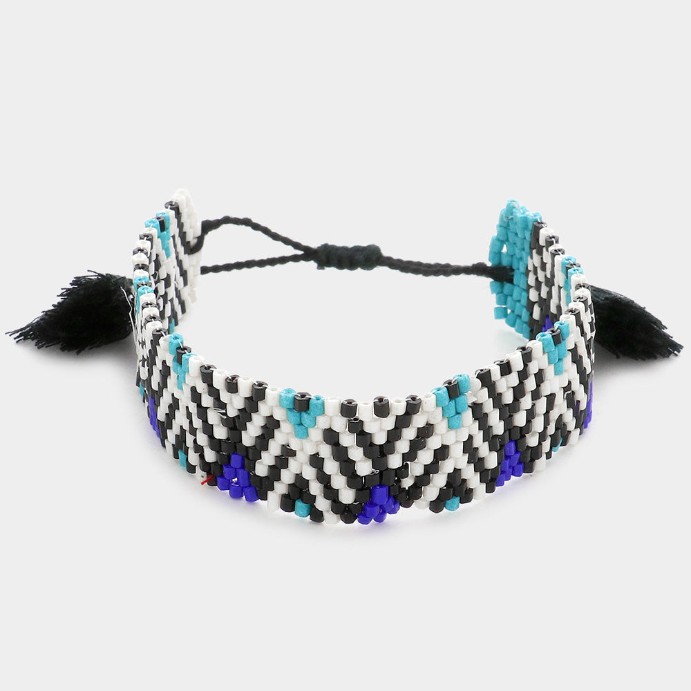 Madeline Love Blue, Gold Boho Patterned Beaded Tassel Pull Tie Cinch Bracelet - Bracelets