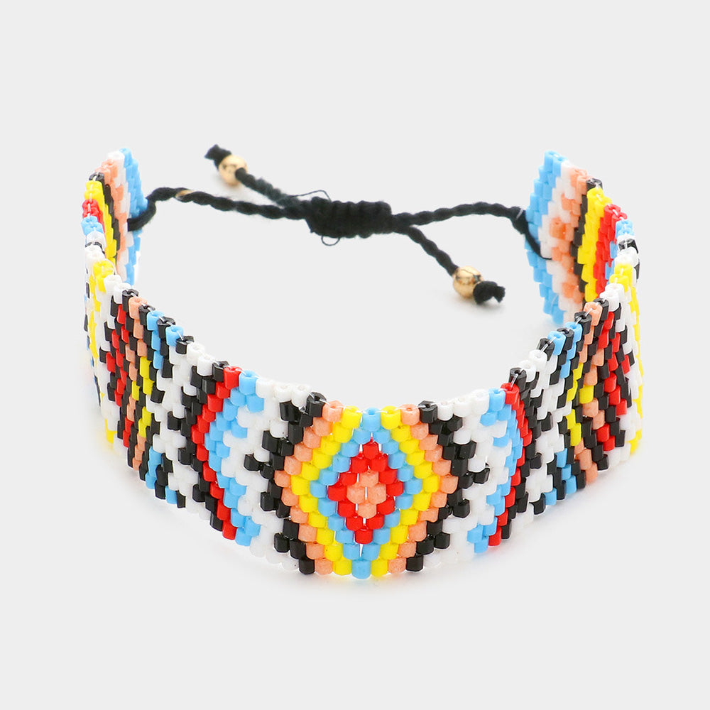 Madeline Love Gold, Multi Boho Patterned Beaded Pull Tie Cinch Bracelet - Bracelets
