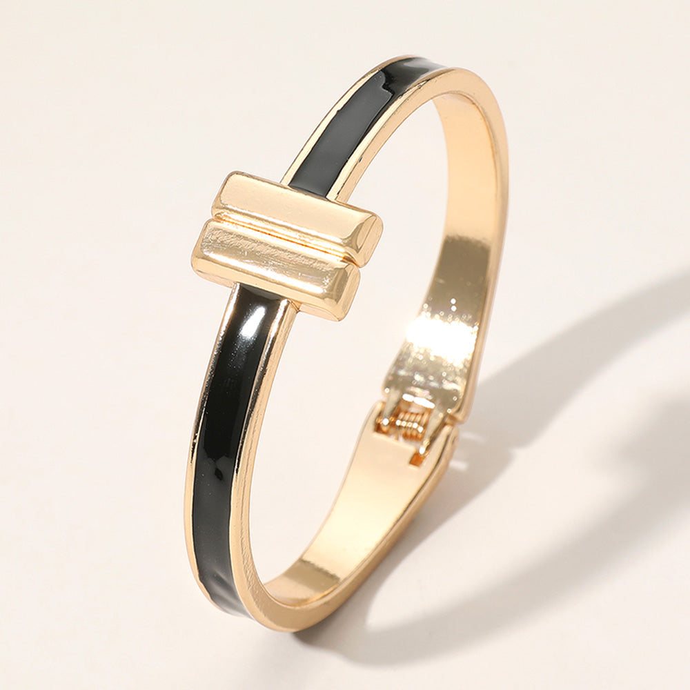 Madeline Love Black, Gold Metal Bar Tip Enamel Hinged Bangle Bracelet - Bracelets