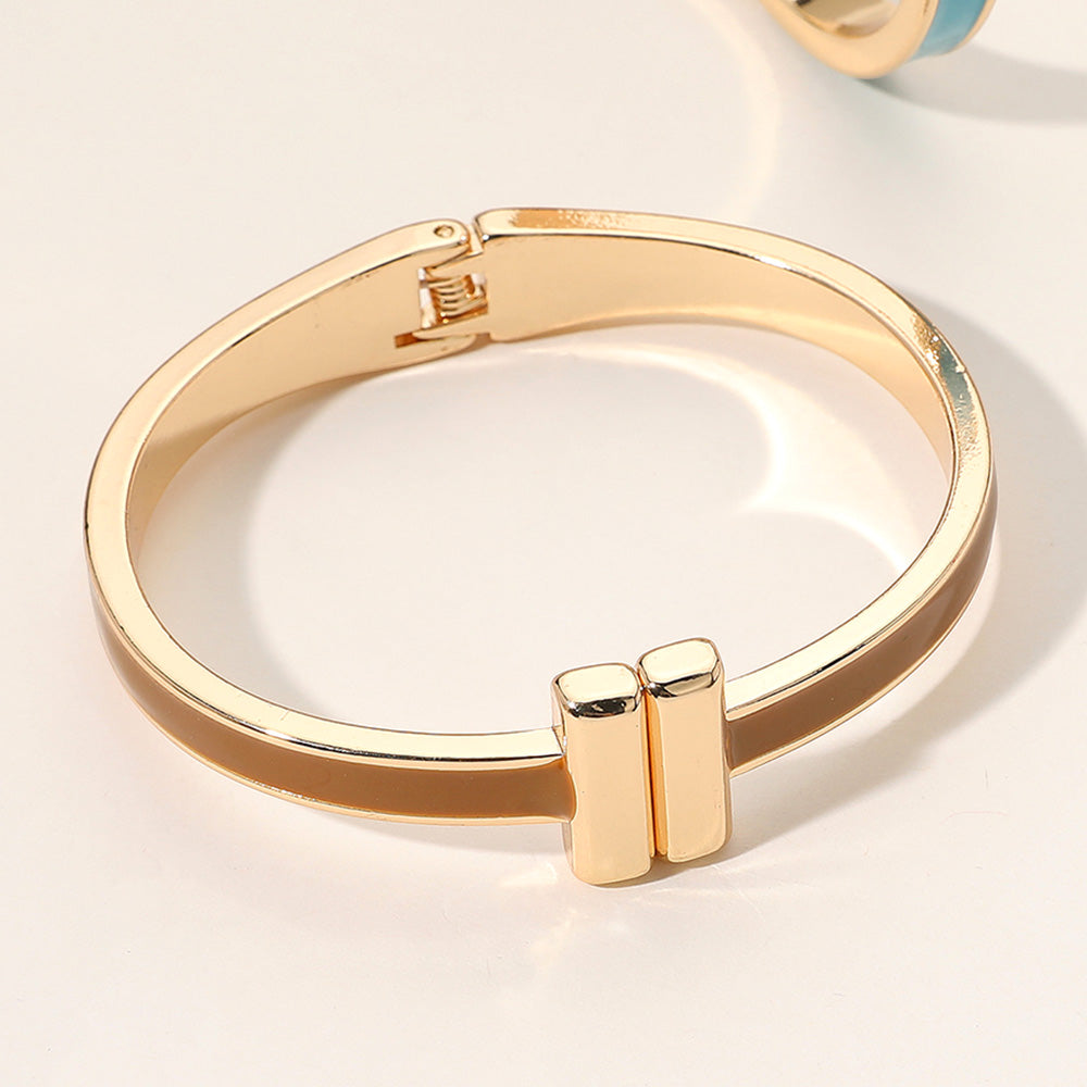 Madeline Love Brown, Gold Metal Bar Tip Enamel Hinged Bangle Bracelet - Bracelets