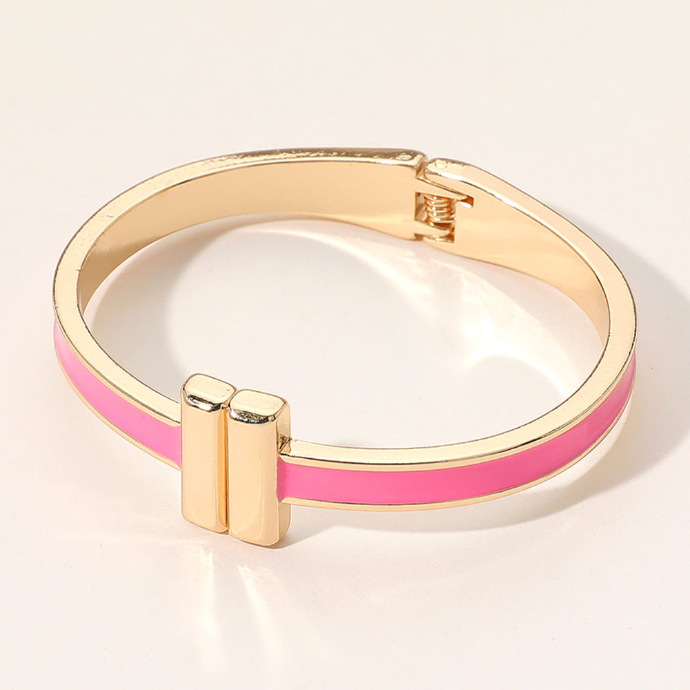 Madeline Love Gold, Pink Metal Bar Tip Enamel Hinged Bangle Bracelet - Bracelets