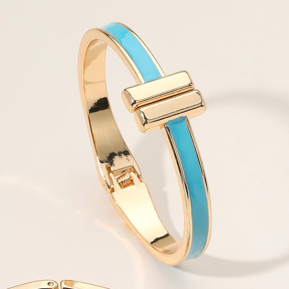Madeline Love Gold, Turquoise Metal Bar Tip Enamel Hinged Bangle Bracelet - Bracelets