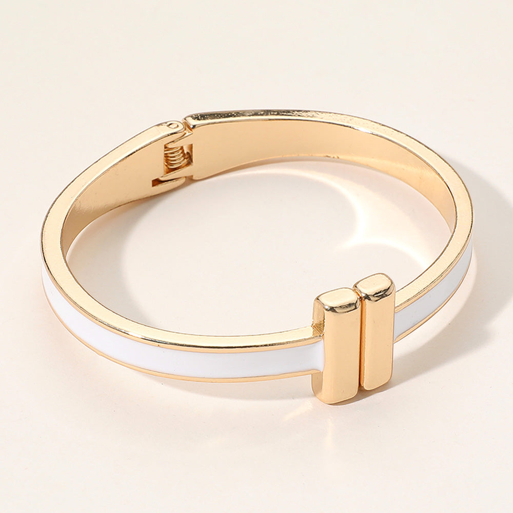 Madeline Love Gold, White Metal Bar Tip Enamel Hinged Bangle Bracelet - Bracelets