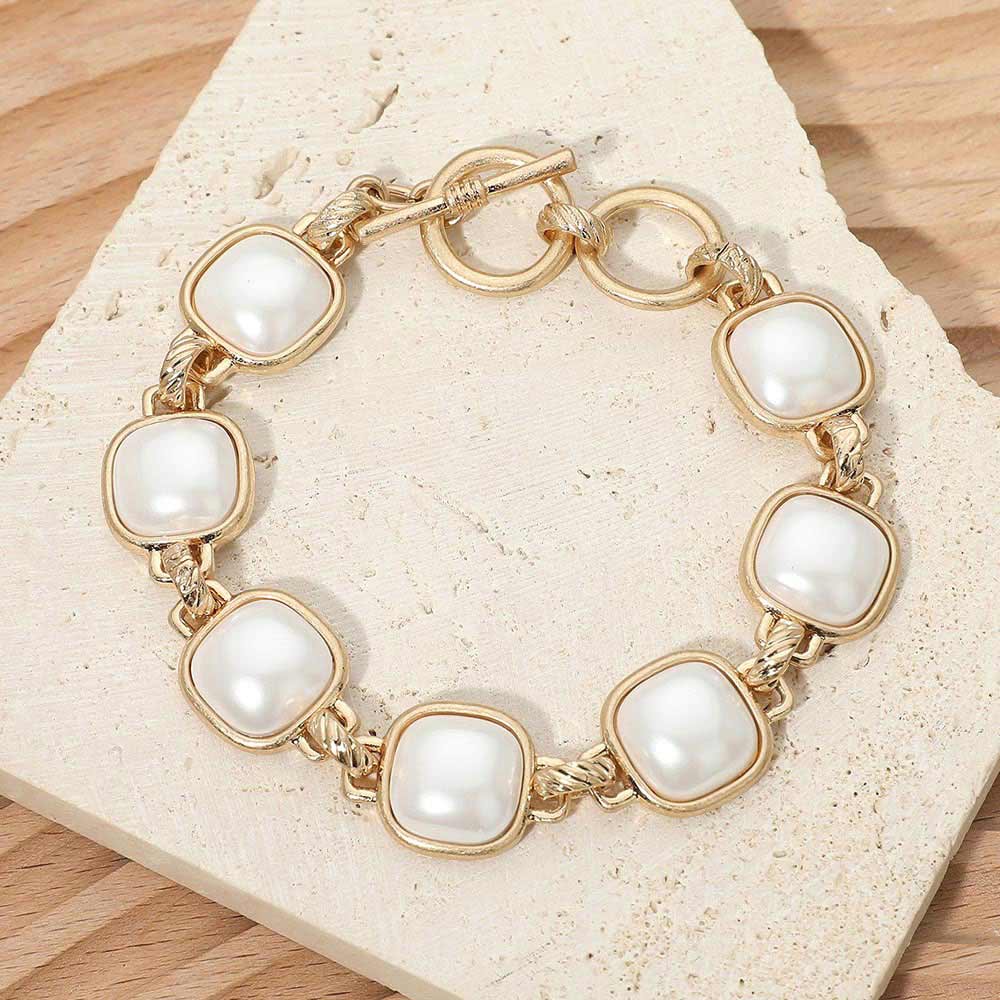 Madeline Love Cream, Worn Gold Bold Square Pearl Link Toggle Bracelet