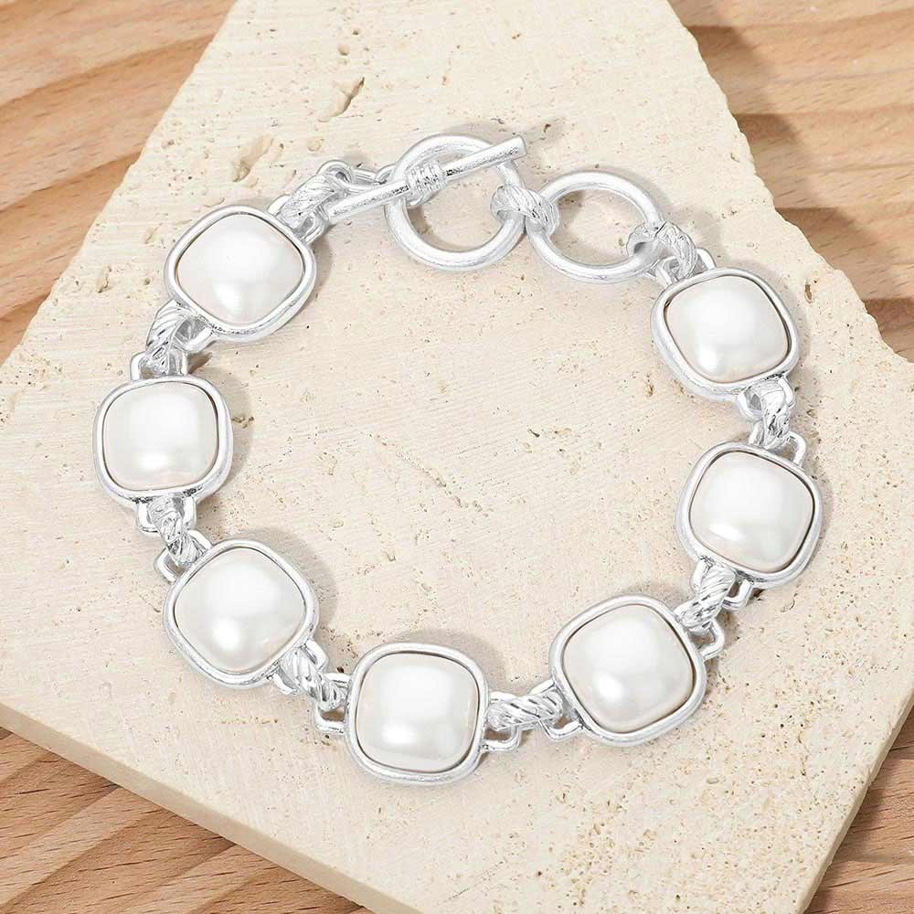 Madeline Love Cream, Worn Silver Bold Square Pearl Link Toggle Bracelet