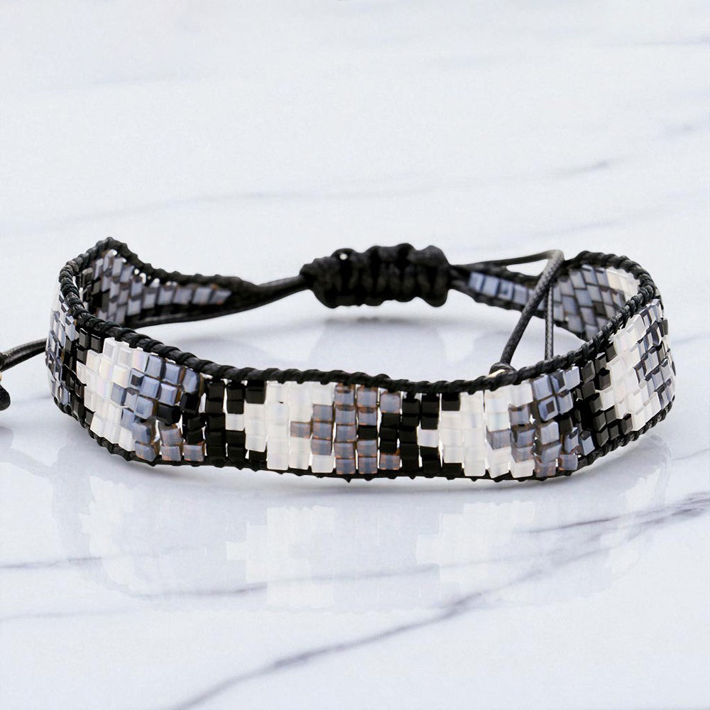Madeline Love Black Chevron Pattern Cube Beaded Adjustable Cinch Pull Tie Bracelet - Bracelets