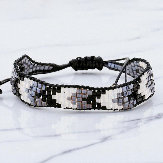 Madeline Love Black Chevron Pattern Cube Beaded Adjustable Cinch Pull Tie Bracelet - Bracelets