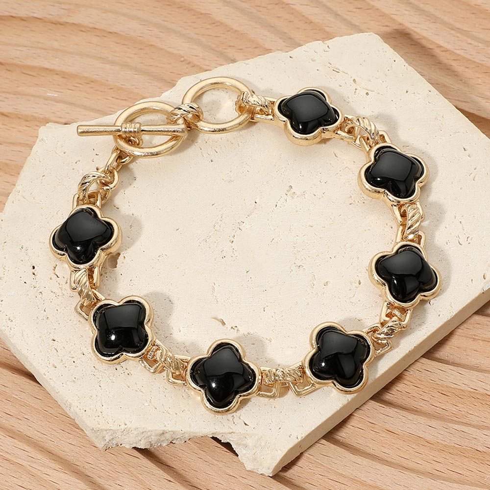 Madeline Love Black, Worn Gold Bold Quatrefoil Stone Link Toggle Bracelet