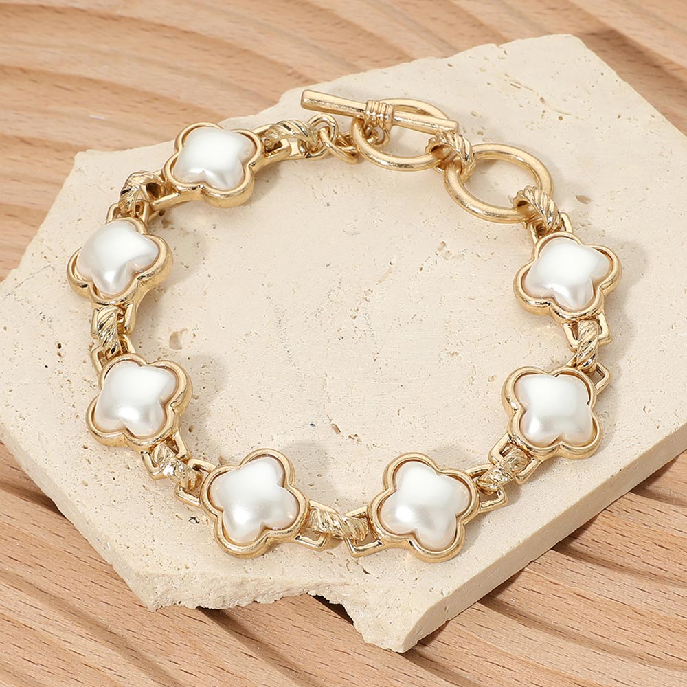 Madeline Love Cream, Worn Gold Bold Quatrefoil Pearl Stone Link Toggle Bracelet