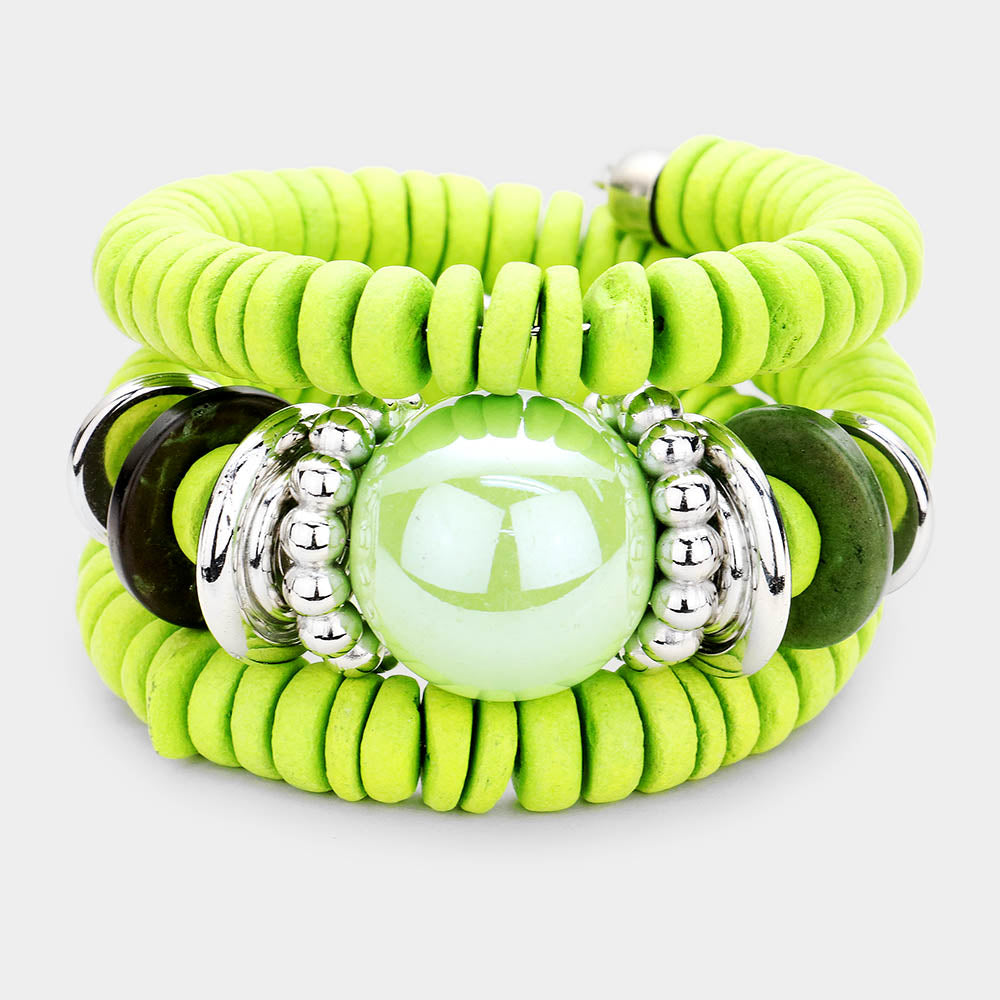 Madeline Love Green Resin Ball Accented Wood Beaded Adjustable Bracelet - Bracelets